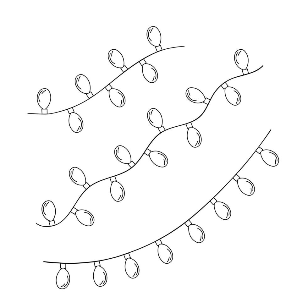 Christmas lamp lights curly string garland simple doodle hand drawn vector illustration, outline traditional festive season image for winter New Year holiday, birthday events design