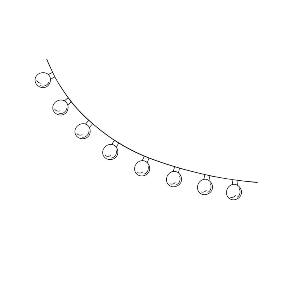 Christmas lamp lights curly string garland simple doodle hand drawn vector illustration, outline traditional festive season image for winter New Year holiday, birthday events design