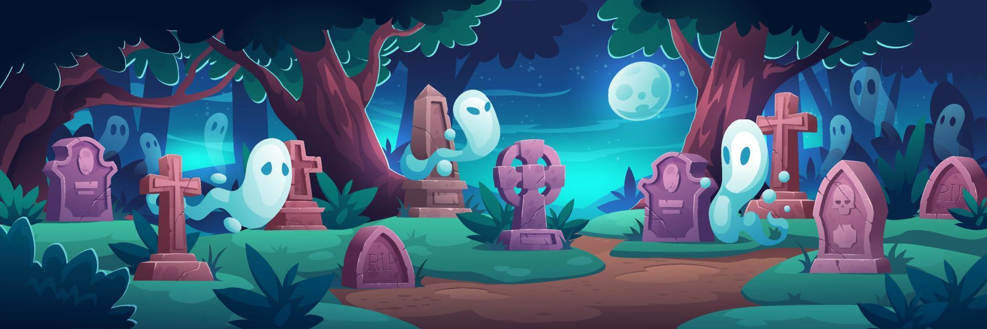 cementerio con fantasmas por la noche, cementerio en el bosque vector