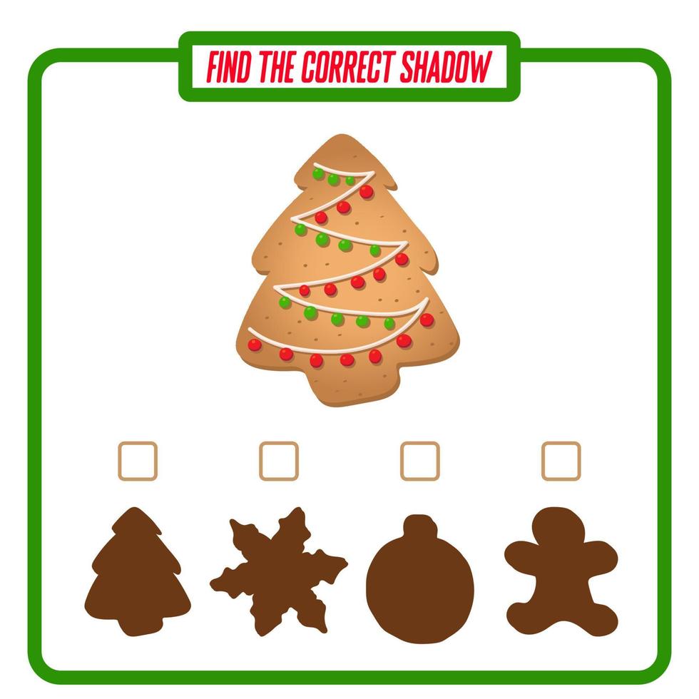 Find the right shadow. Cute Christmas tree. Educational game with ginger cookies. Logic games for children with an answer. A training card with a task for preschool and kindergarten children. vector