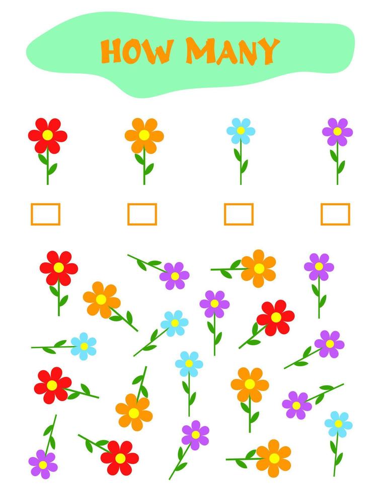 Counting Game for Preschool Children. Educational a mathematical game. Count how many flowers and write the result. Math worksheet for kids. vector