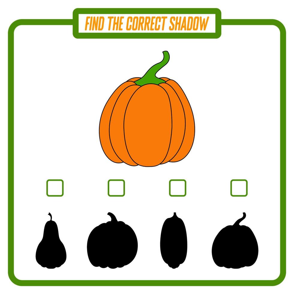 Find the right shadow. Cute pumpkin. Educational game with pumpkin. Logic games for children with an answer. A training card with a task for preschool and kindergarten children. vector