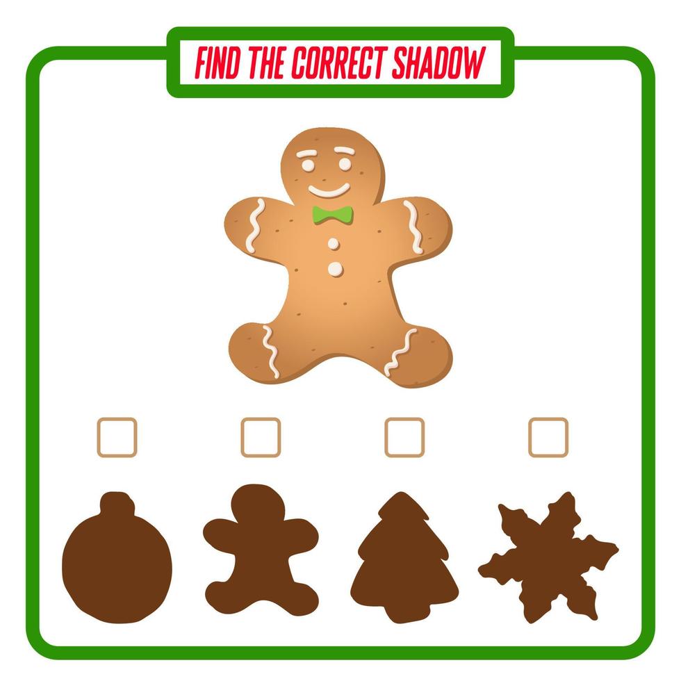 Find the right shadow. Cute ginger man. Educational game with ginger cookies. Logic games for children with an answer. A training card with a task for preschool and kindergarten children. vector