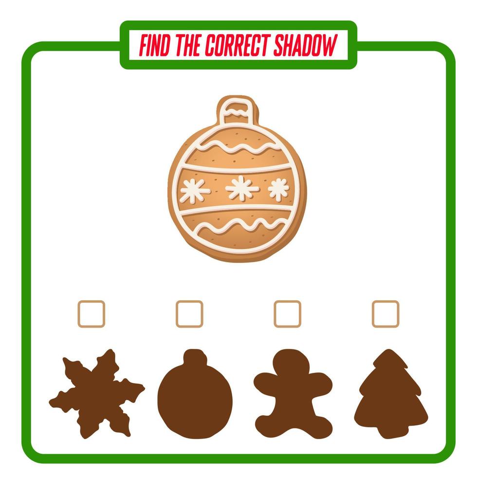 Find the right shadow. Cute christmas ball. Educational game with ginger cookies. Logic games for children with an answer. A training card with a task for preschool and kindergarten children. vector