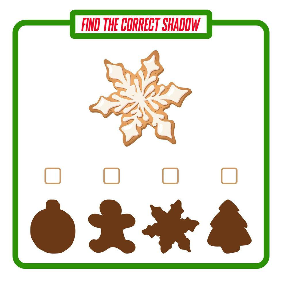 Find the right shadow. Cute snowflake. Educational game with ginger cookies. Logic games for children with an answer. A training card with a task for preschool and kindergarten children. vector