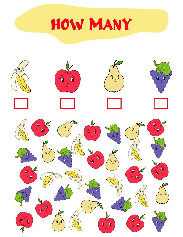 Counting Game for Preschool Children. Educational a mathematical game. Count how many fruits and write the result. Math worksheet for kids. vector