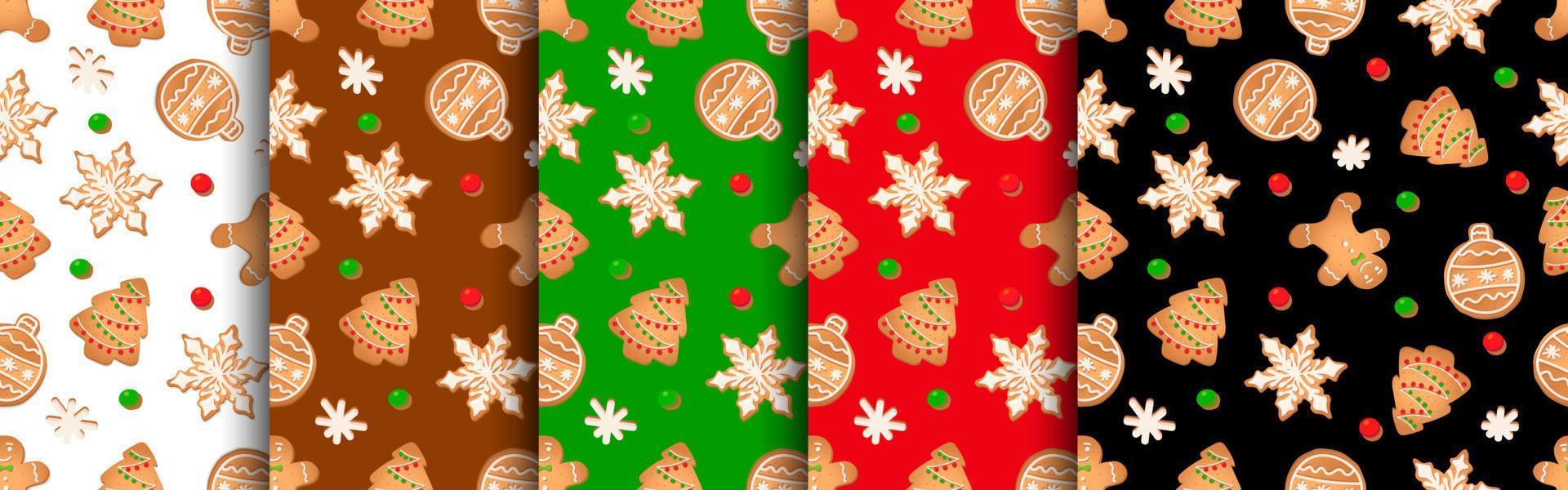 patrón sin costuras con galletas de jengibre. hombre de pan de jengibre, copo de nieve, árbol de navidad, bola de navidad. vector