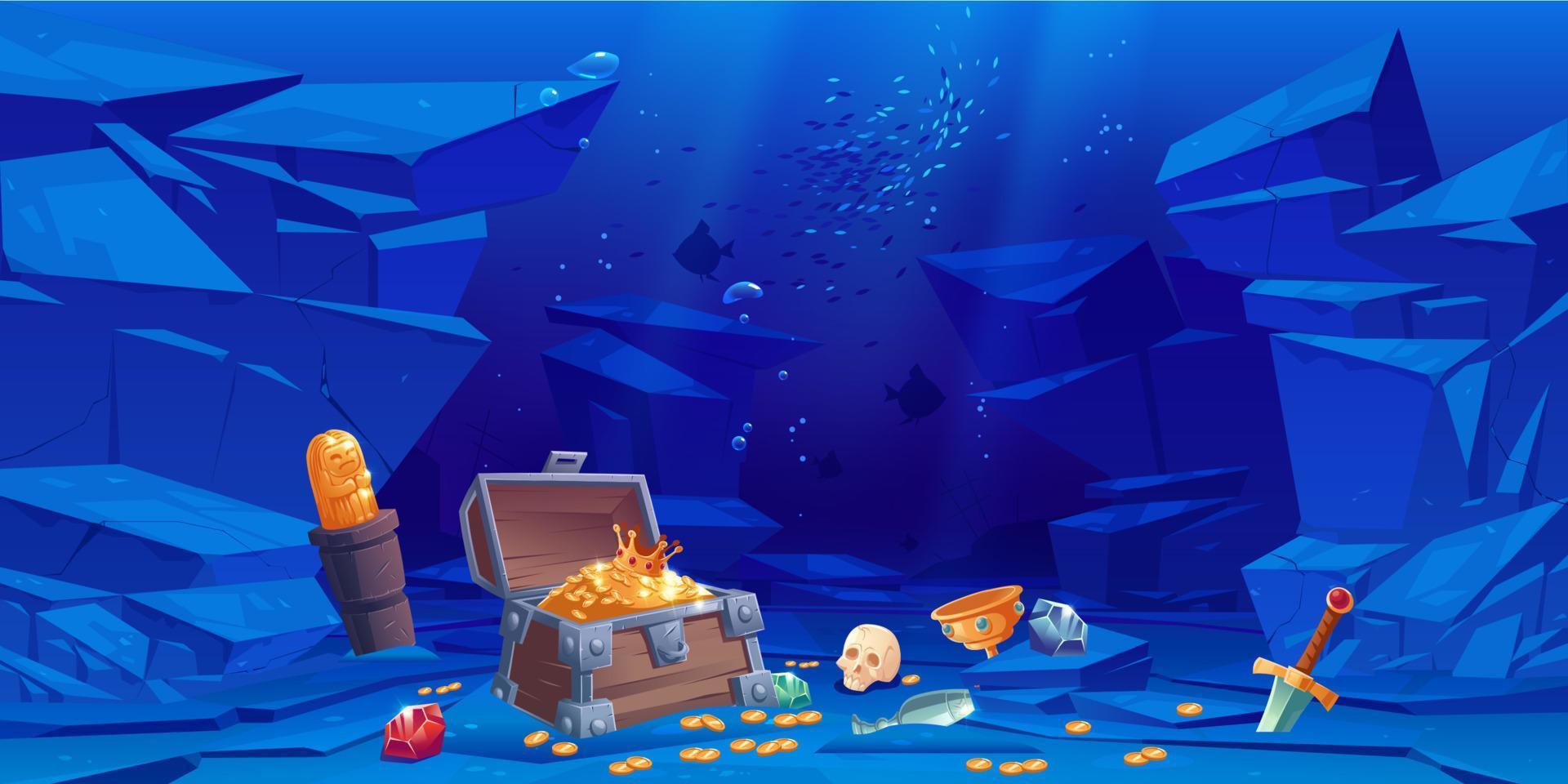 Treasure on sea bottom, chest with golden coins vector