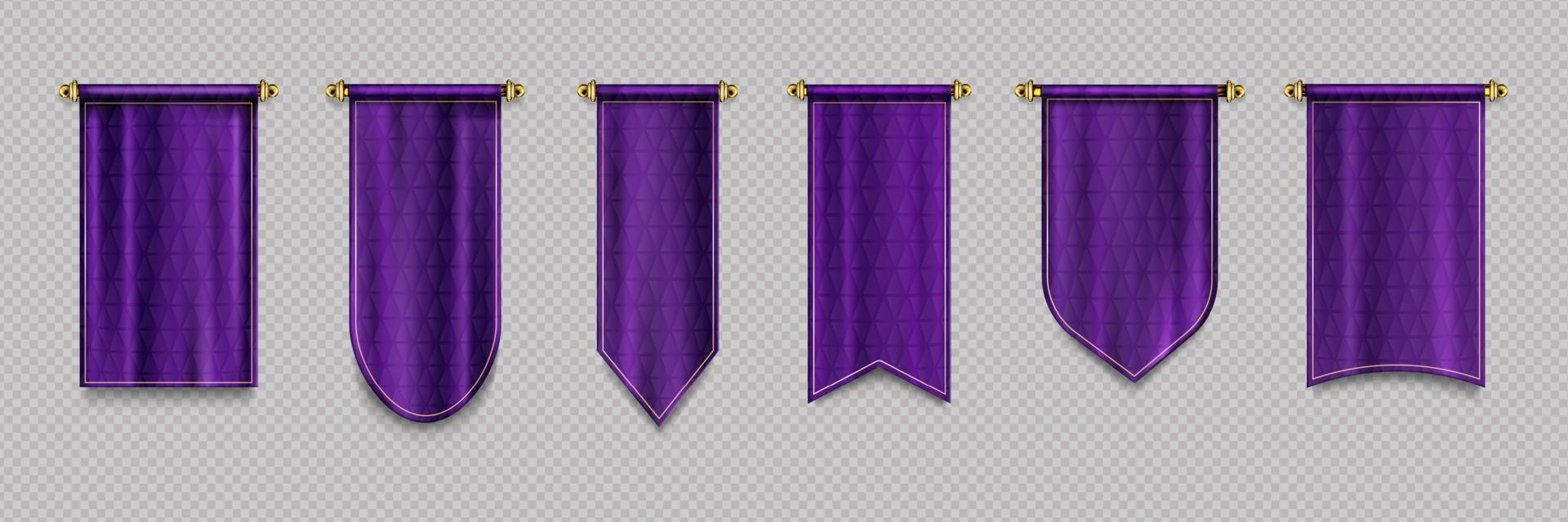 Purple pennant flags, quilt textile pendants vector