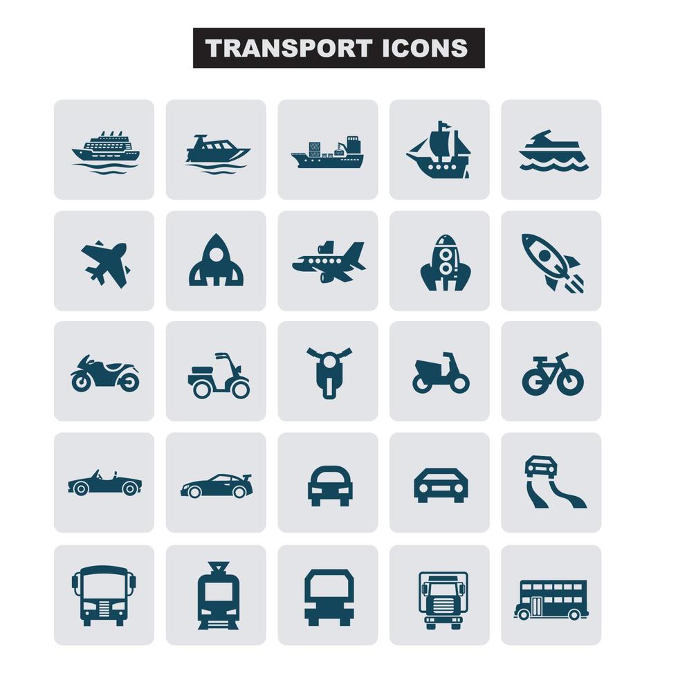 Transport icons Cars, Ships, Trains, Planes, vector illustrations, set silhouettes isolated