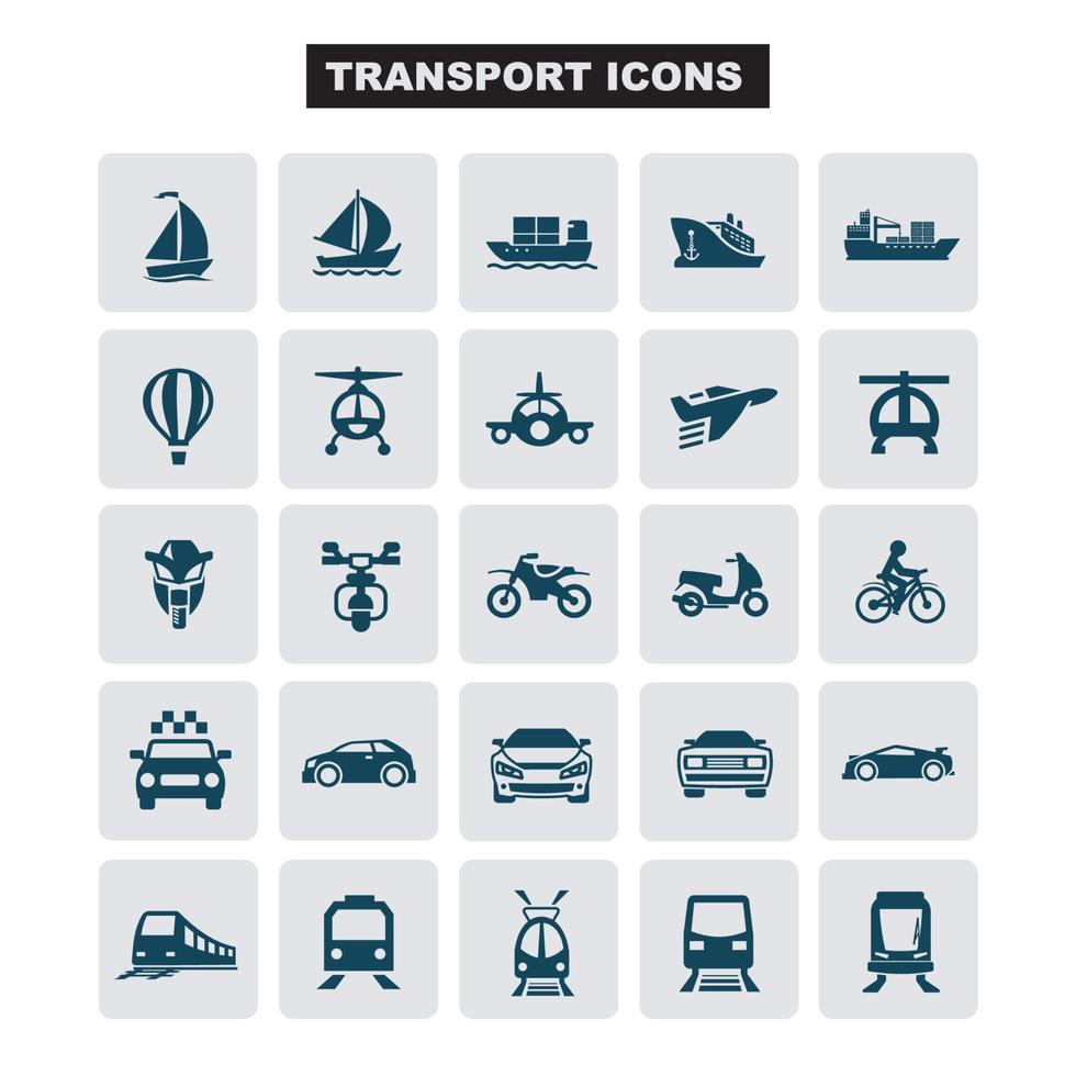 Transport icons Cars, Ships, Trains, Planes, vector illustrations, set silhouettes isolated