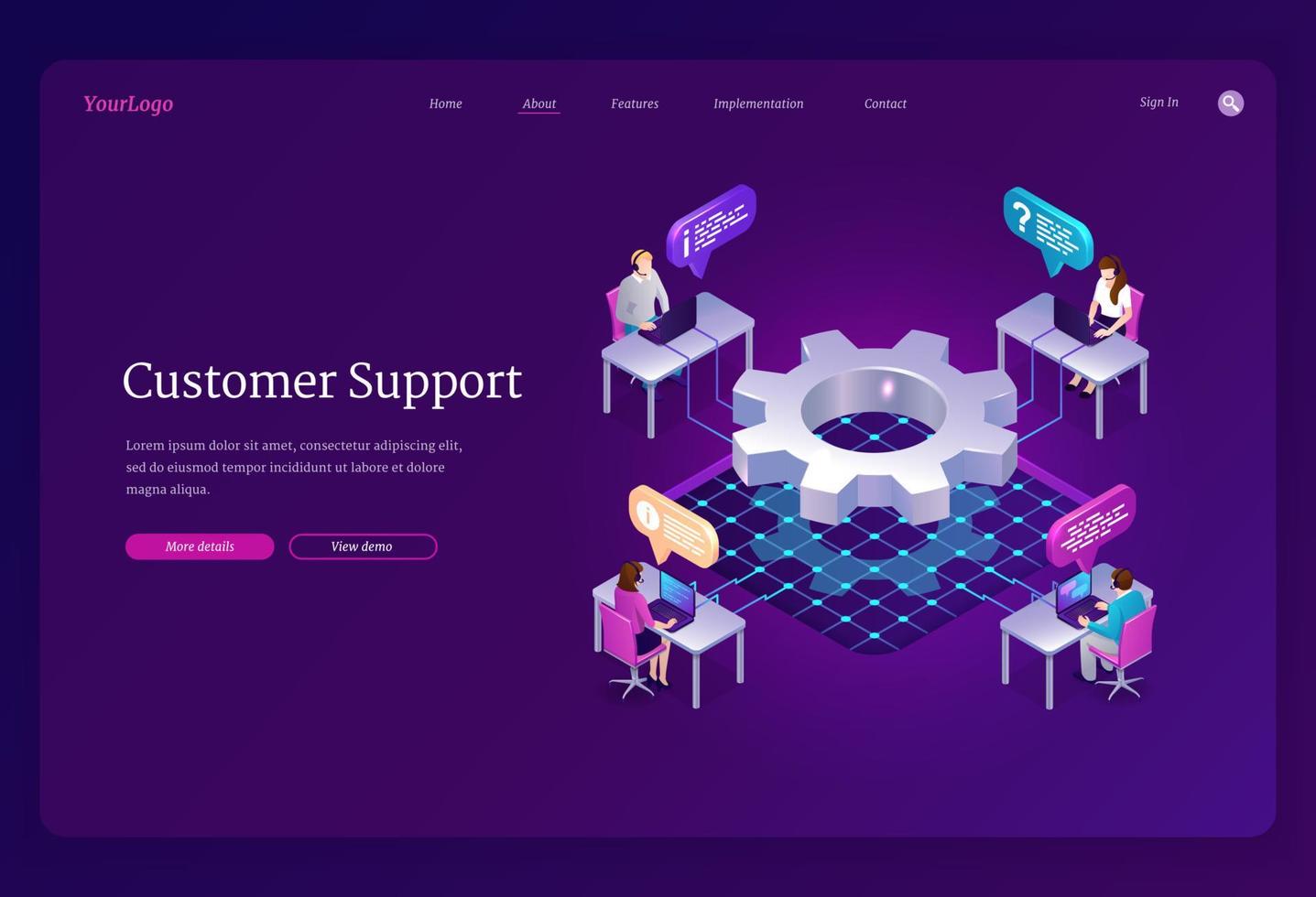 Customer support isometric landing hotline service vector