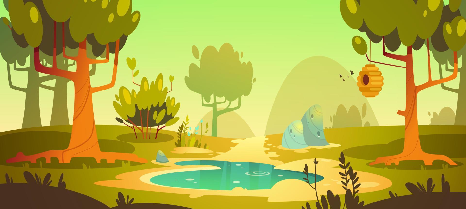 Cartoon forest background with pond, swamp, trail vector