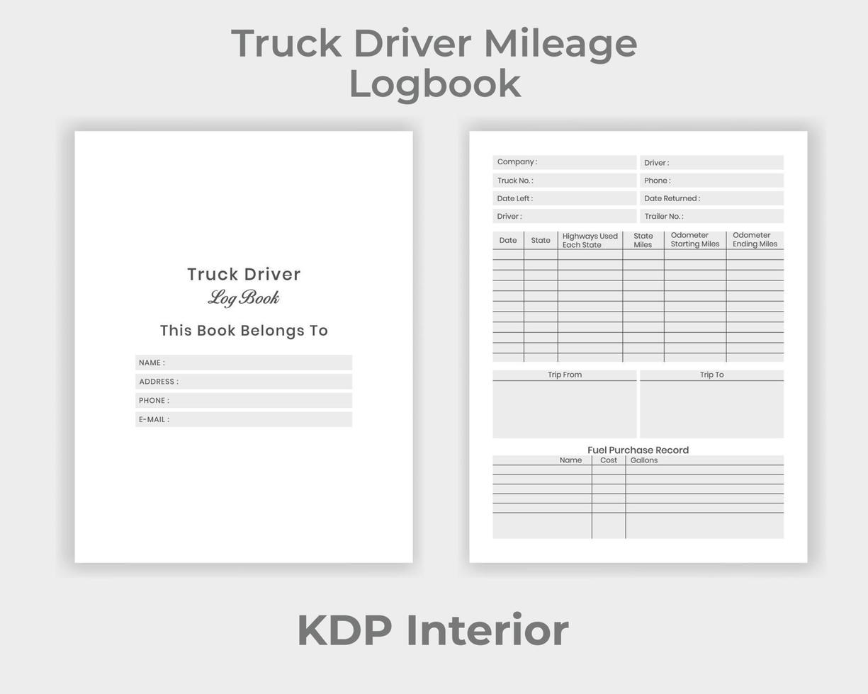 KDP Interior Truck Driver Mileage Logbook, Truck Driver Information and Mileage Notebook Unique Design Template vector