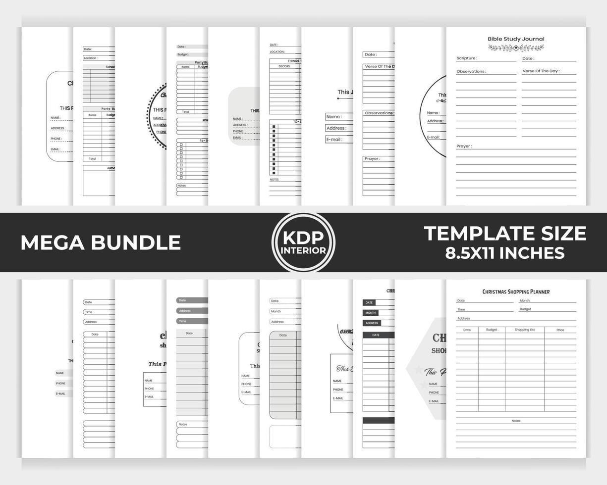 KDP Interior Bundle Christmas Party Planner, Christmas Shopping Planner and Bible Study Journal Unique Design Template vector