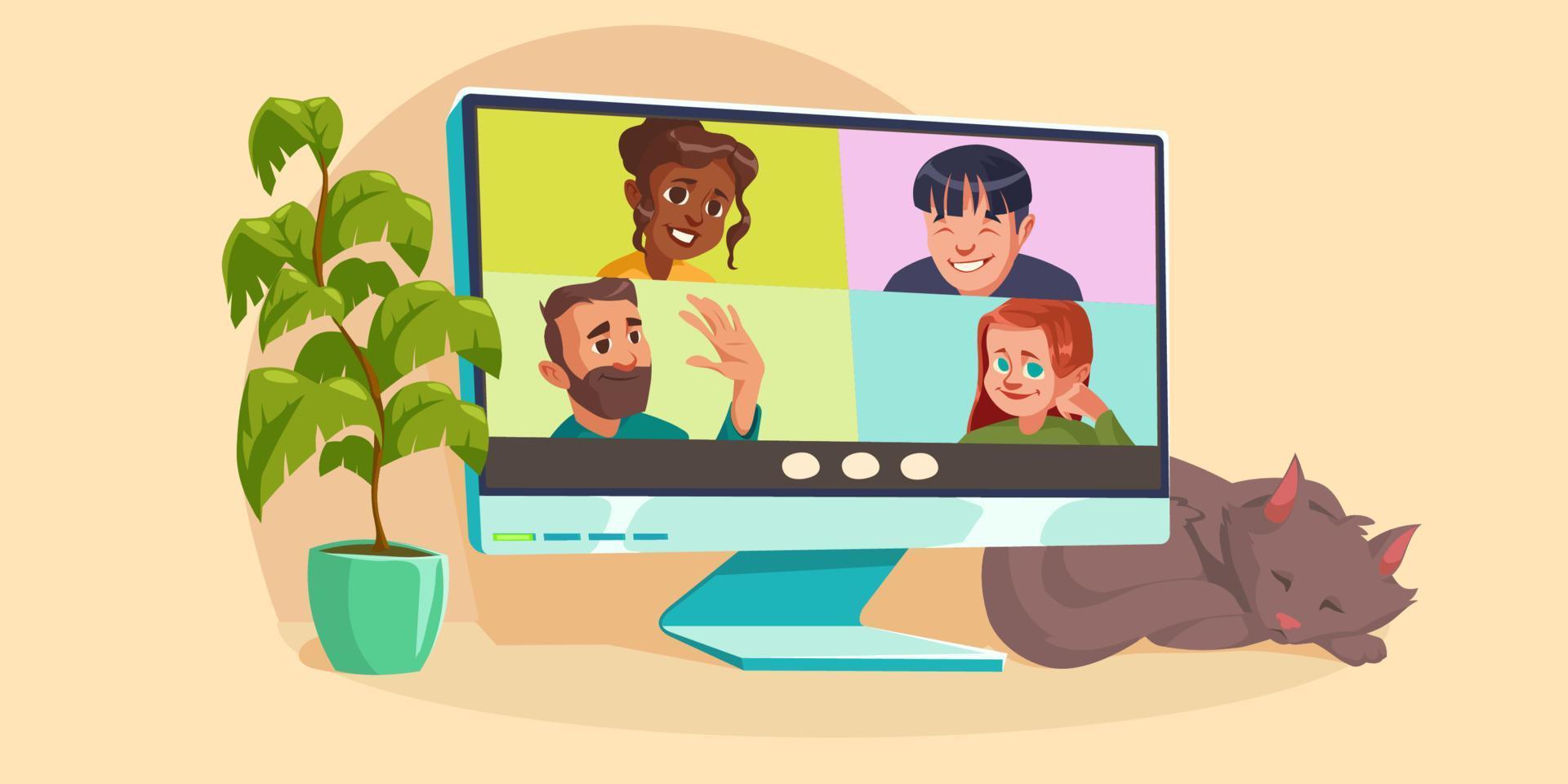 Virtual online video conference on desktop pc vector