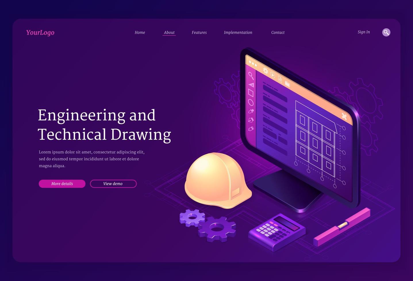 ingeniería, dibujo técnico, aterrizaje isométrico. vector