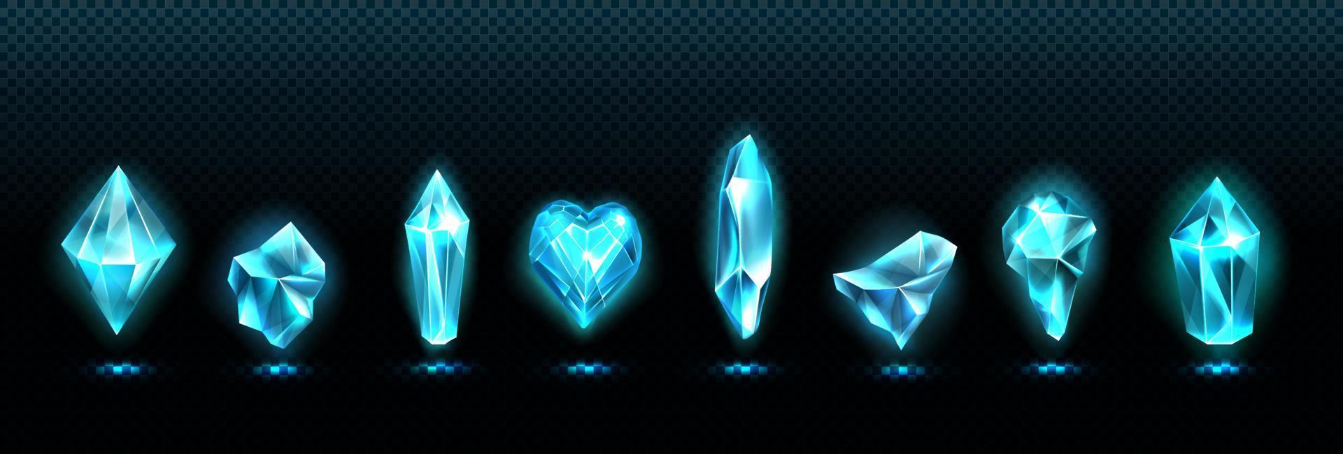 Precious emerald stones, shiny blue glass crystals vector