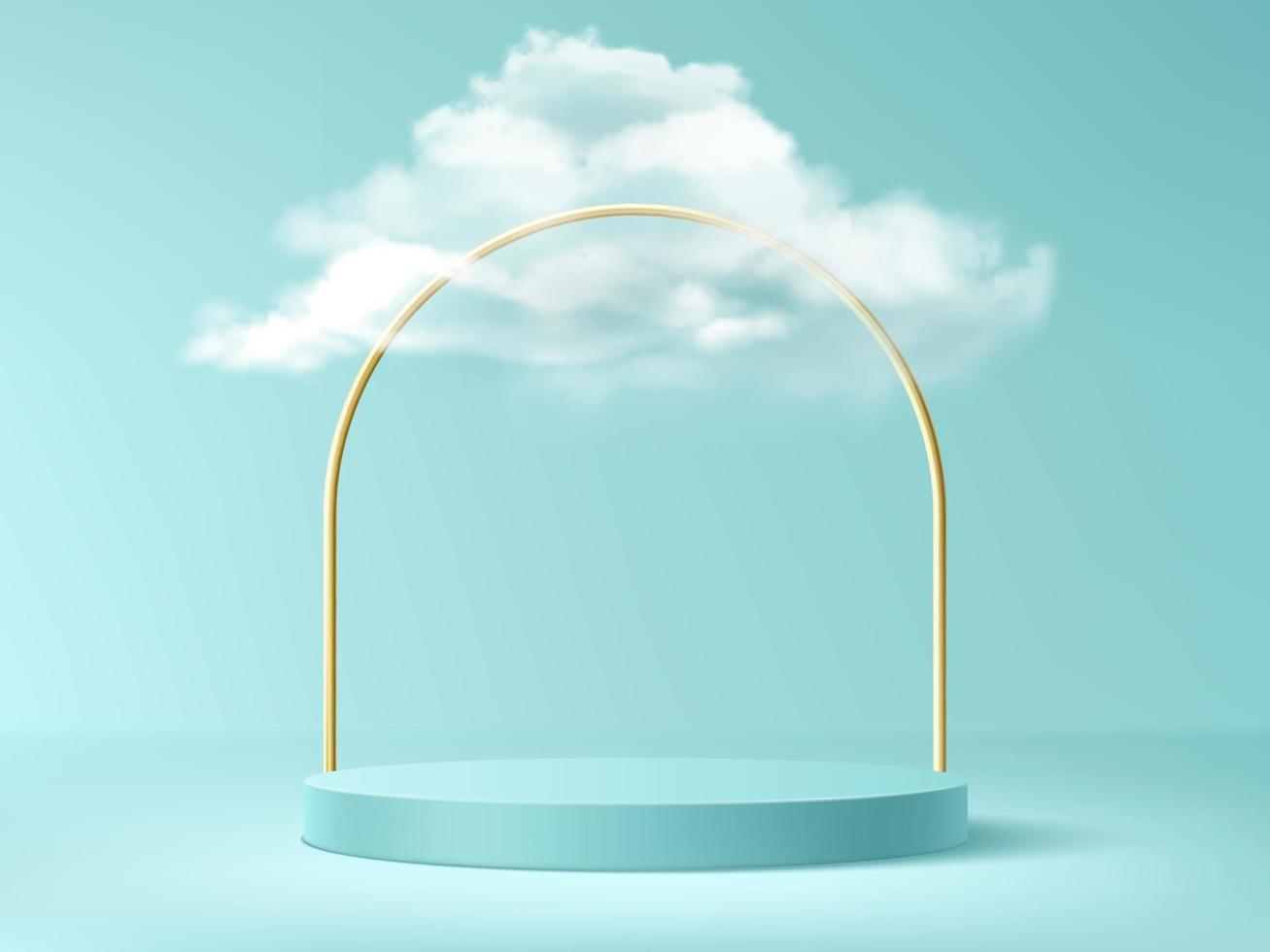 Podium with clouds and gold arch, background. vector