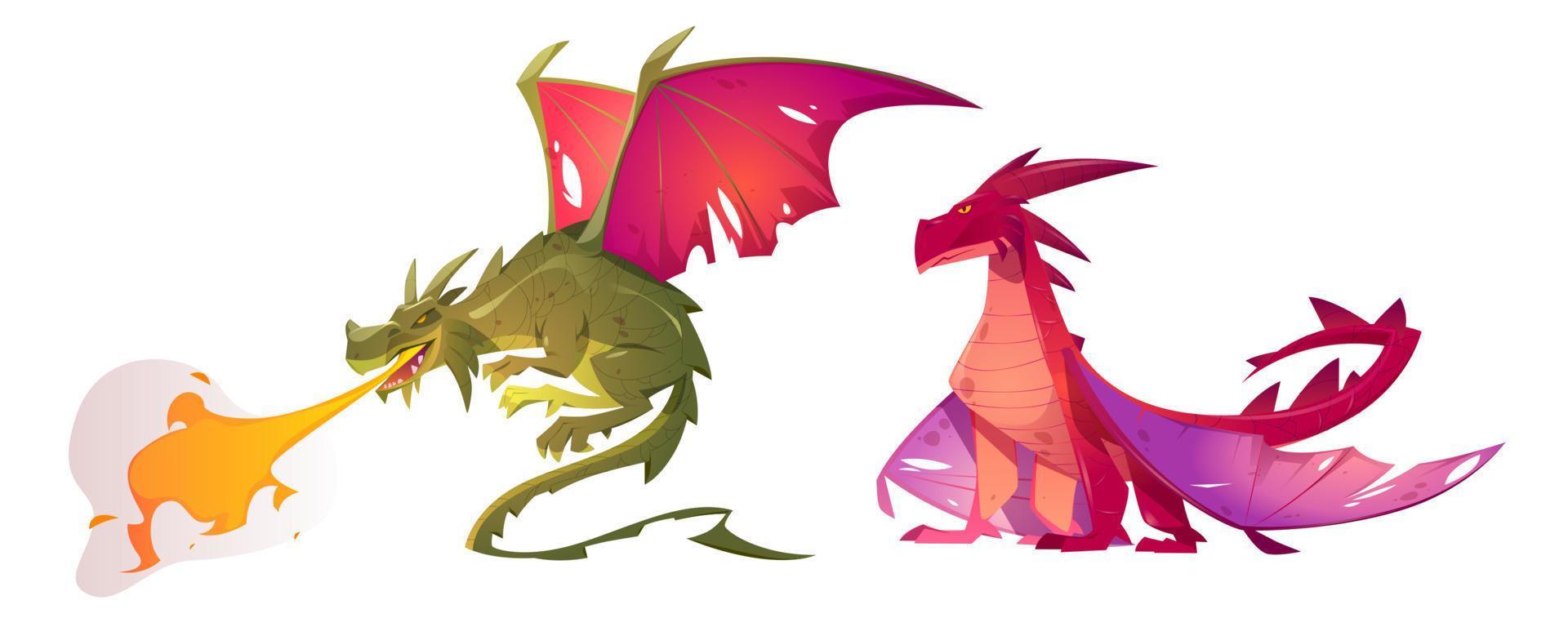 Fairy tale dragons, magic fire breathing creatures vector