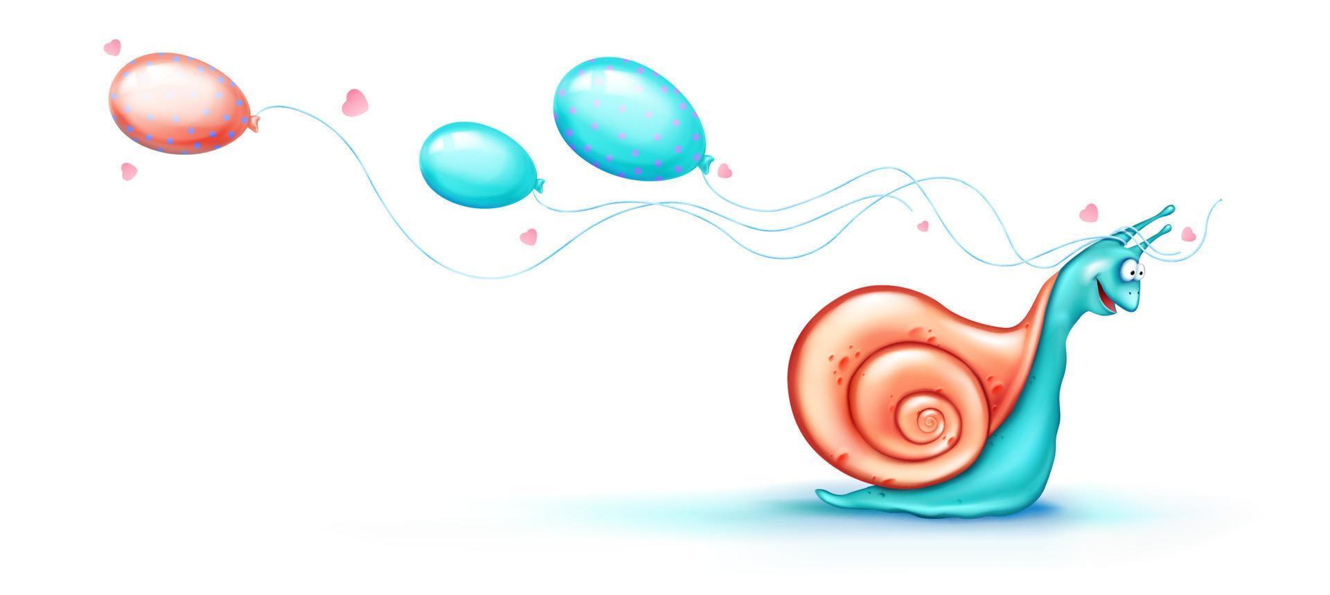 Cute snail crawls with flying balloons and hearts vector