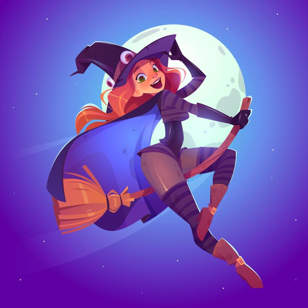 Beautiful witch flying on broom in night sky vector