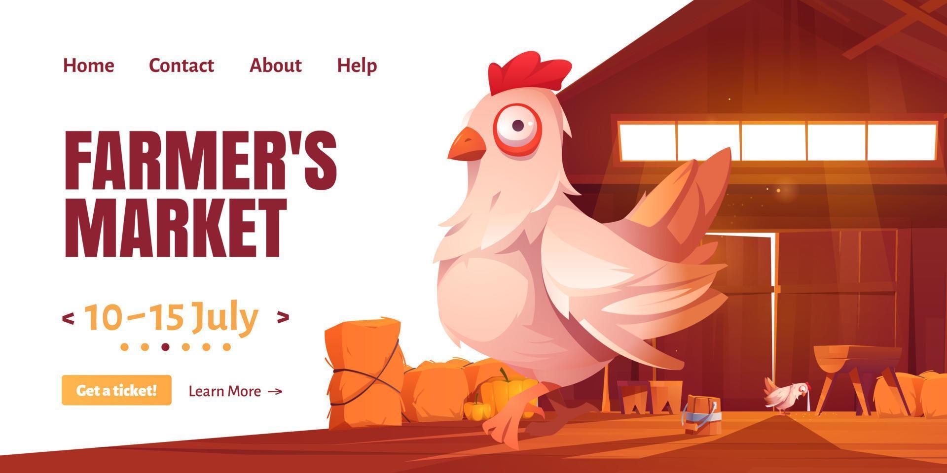 Farmer market cartoon landing page with chicken vector