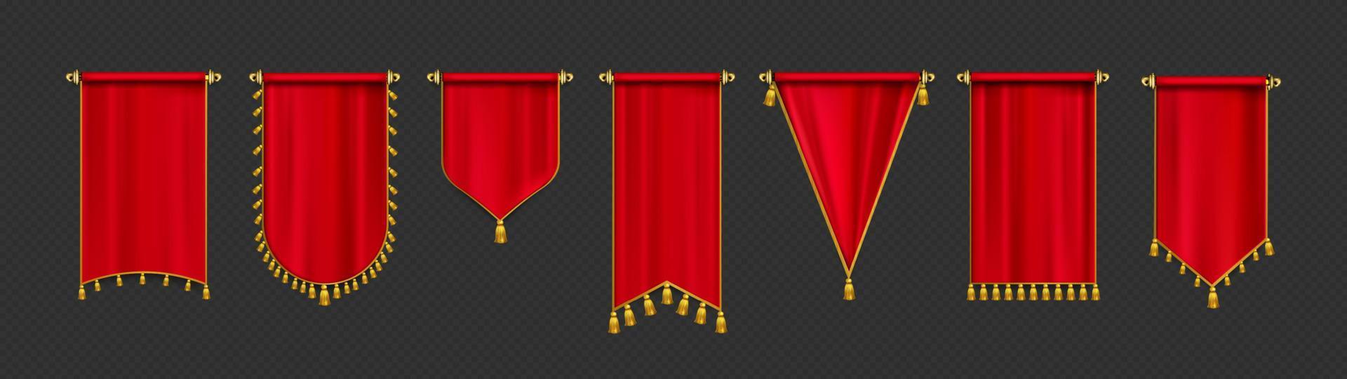 Red pennant flags mockup, blank hanging banners vector