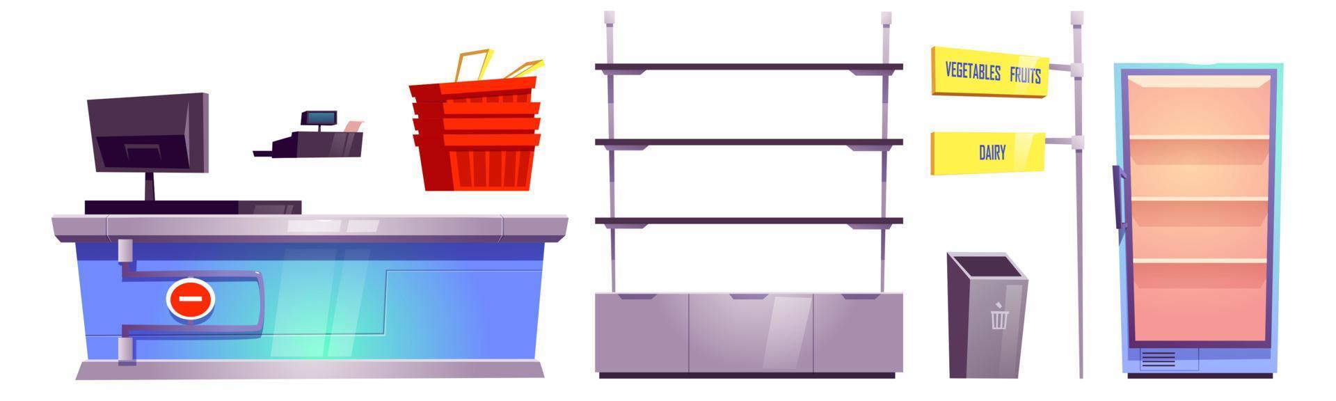 Supermarket store with checkout counter, shelves vector