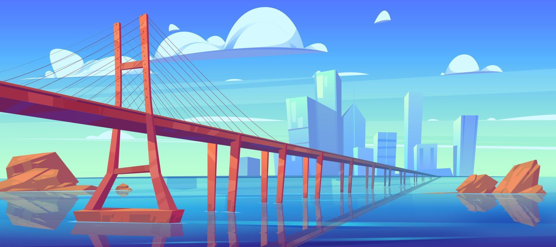 vista del horizonte de la ciudad moderna con puente de agua baja vector