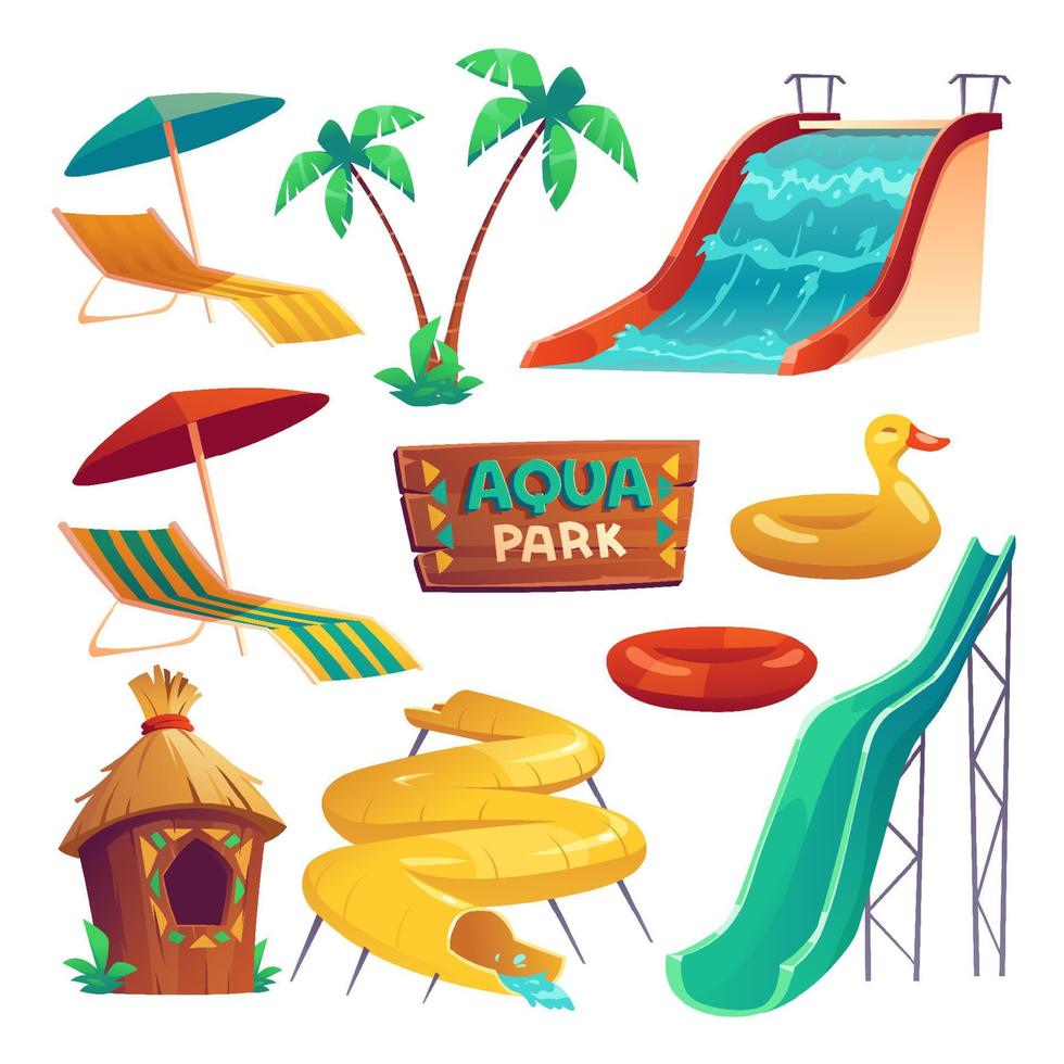 Aqua park with water slides and inflatable rings vector