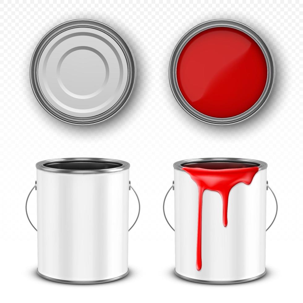 Red paint bucket, steel can with paint drips vector