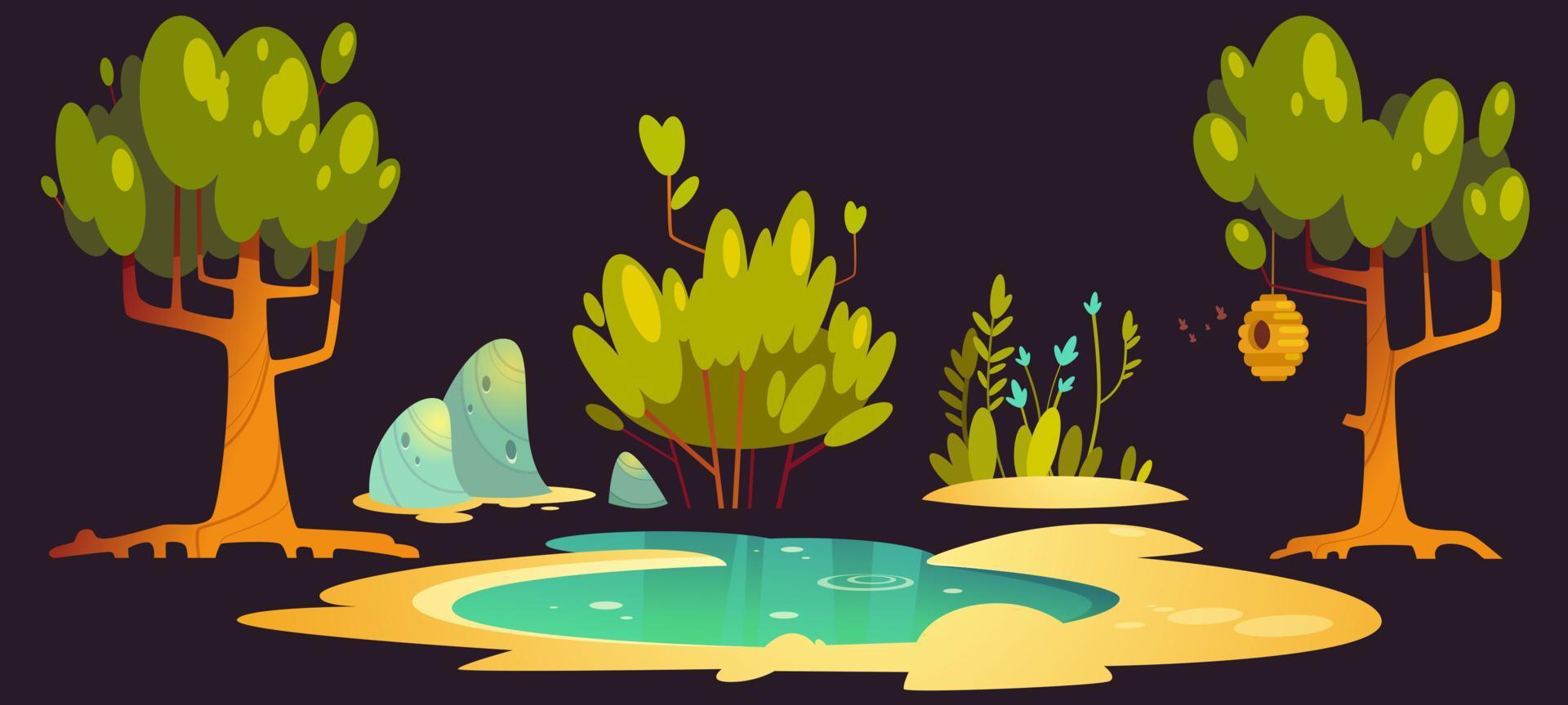 Forest with trees, pond, stones and beehive vector