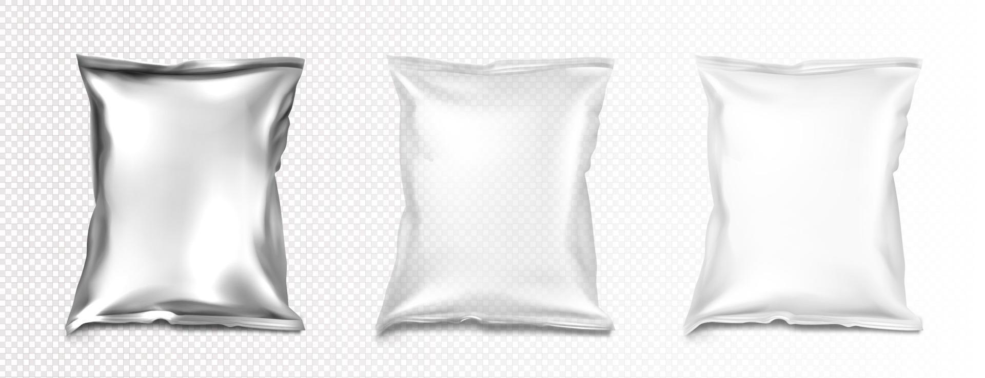 Foil and plastic bags mockup, white and silver vector