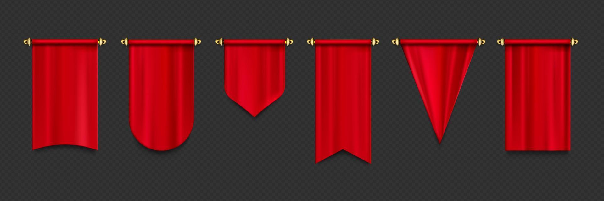 Red pennant flags mockup, blank hanging banners vector