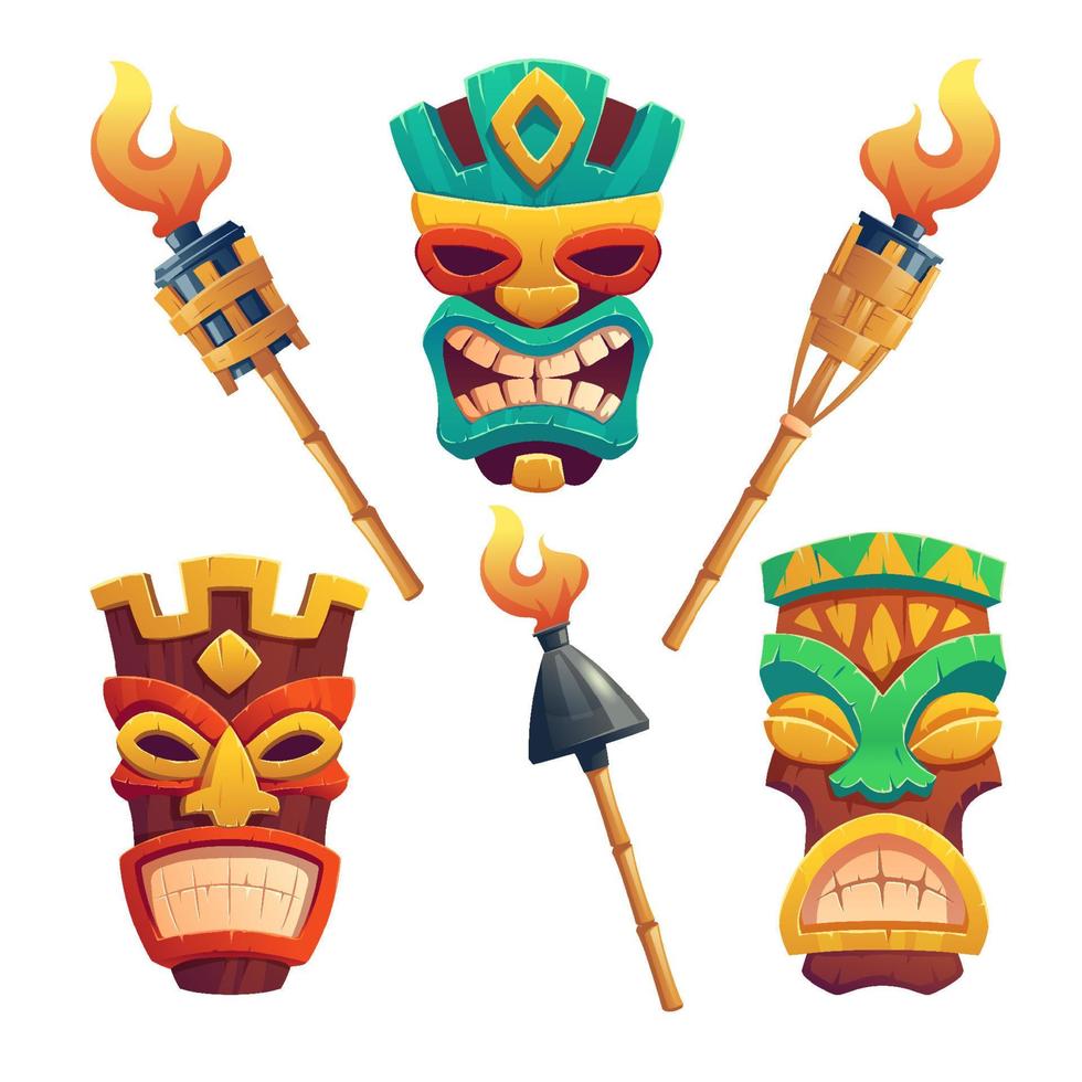 máscaras tiki, tótem tribal hawaiano y antorchas vector