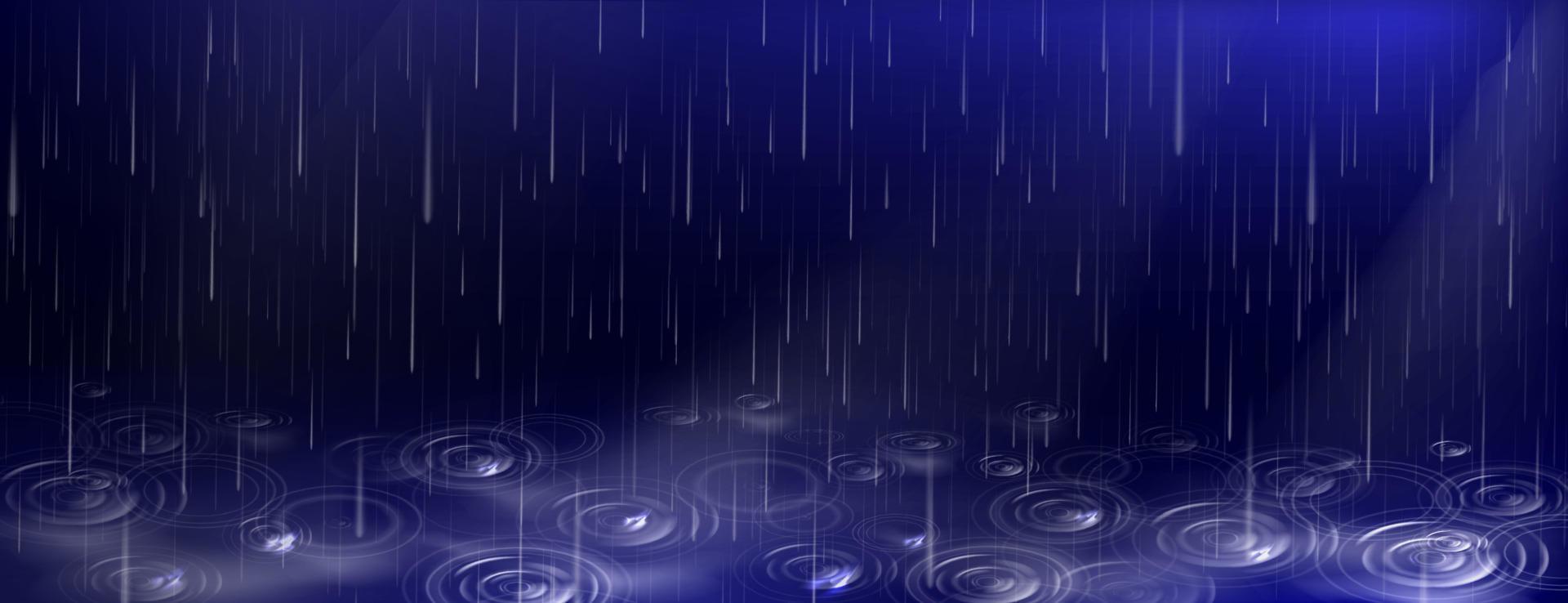 Rain, falling water drops and puddle ripples. vector