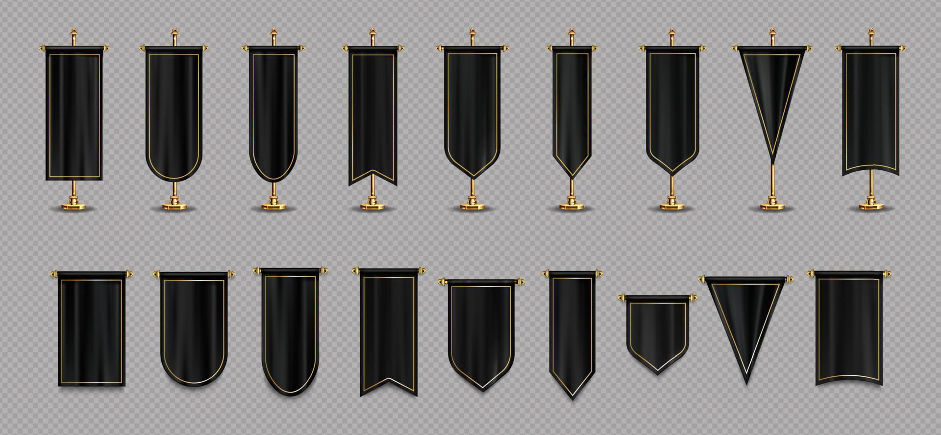 Pennant flags of black and gold colors mockup set vector