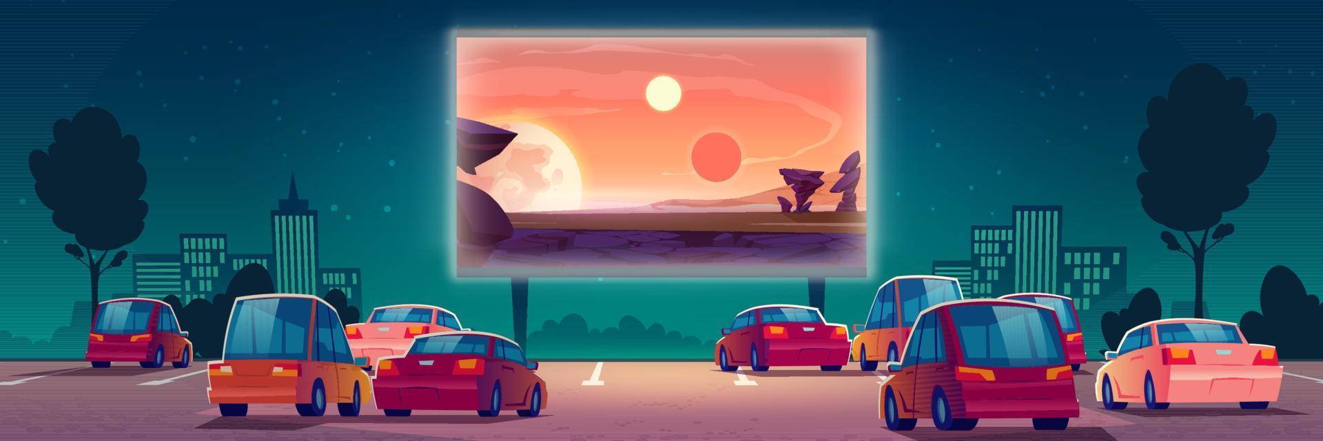 Drive-in movie theater with cars, open air cinema vector