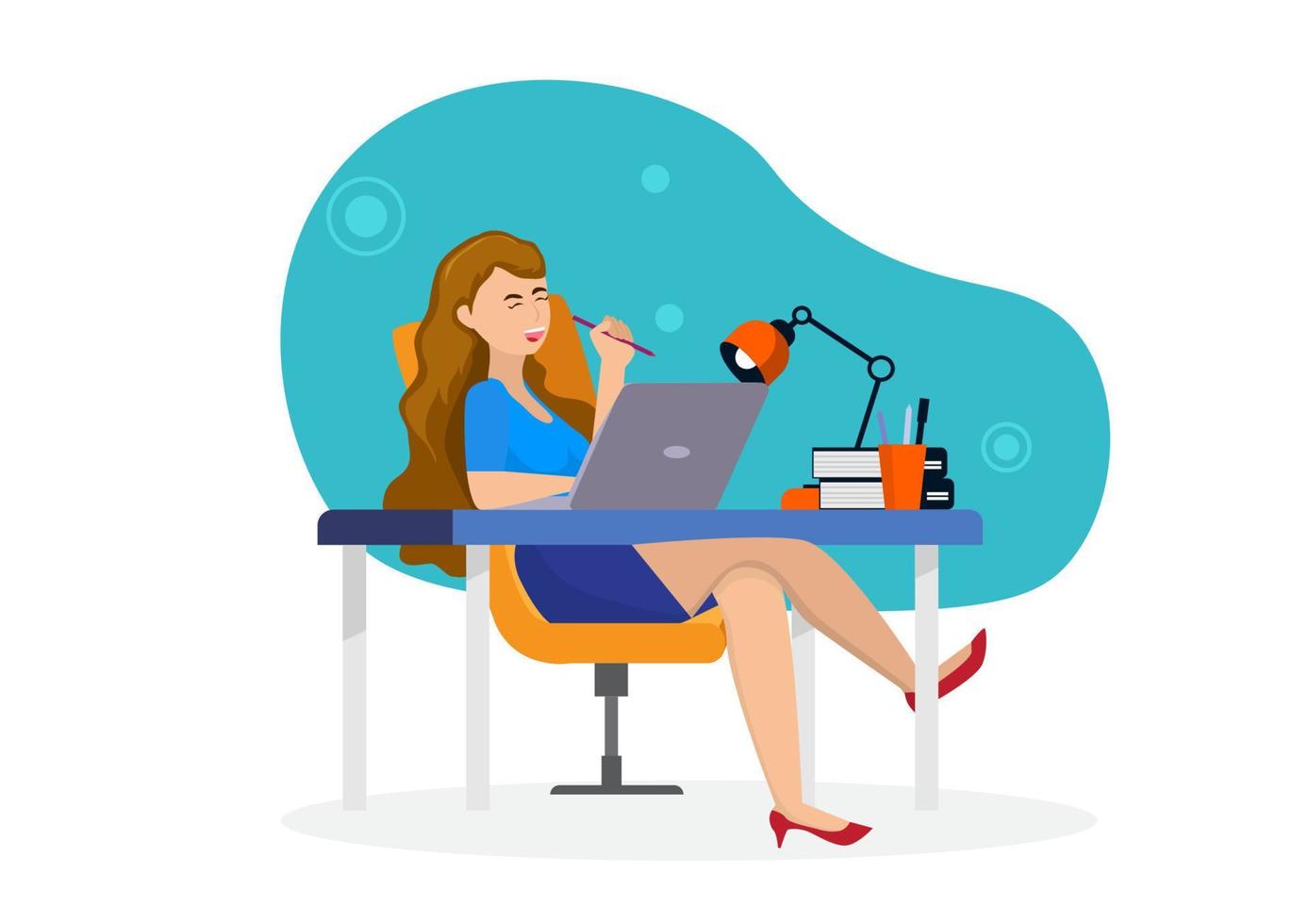 Happy businesswoman working on computer with smiling face Workplace or work satisfaction with corporate employee wellbeing concept vector