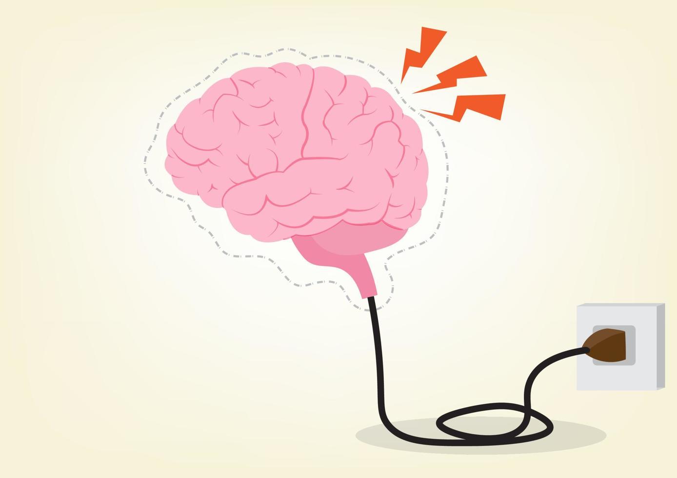 vector illustration The pale pink brain needs to be recharged by plugging in a charger. to increase power to give the brain energy for creativity more innovation