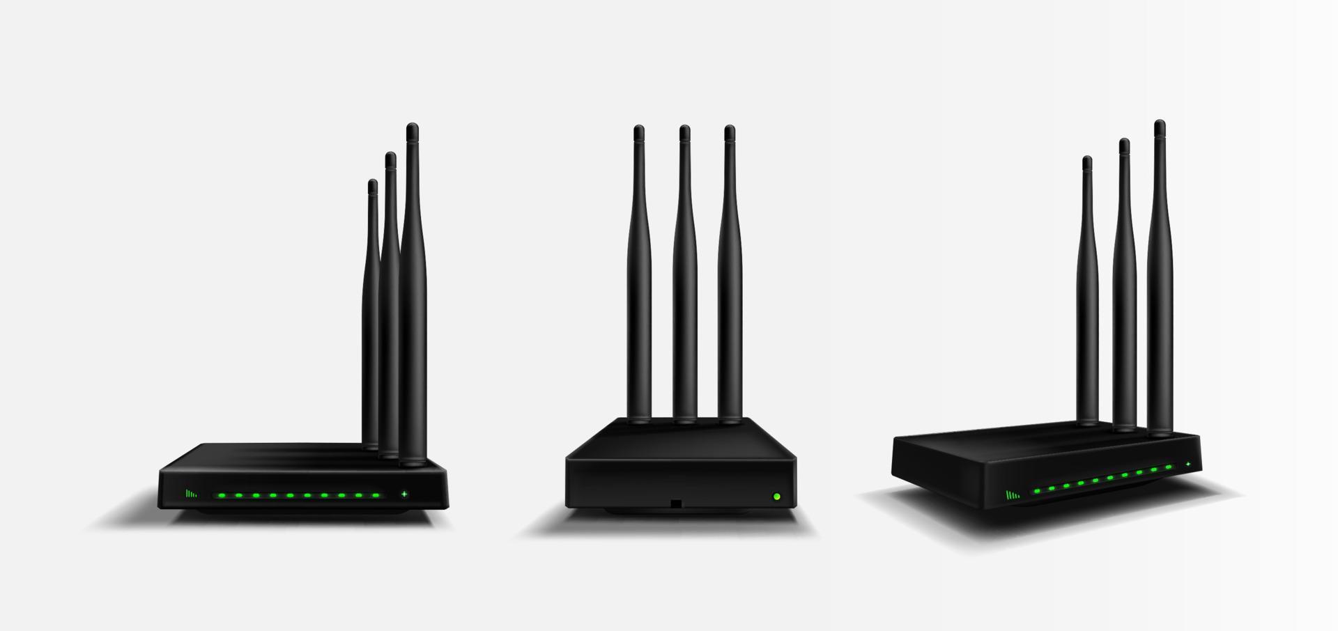 Wifi router front, angle and side view mockup vector