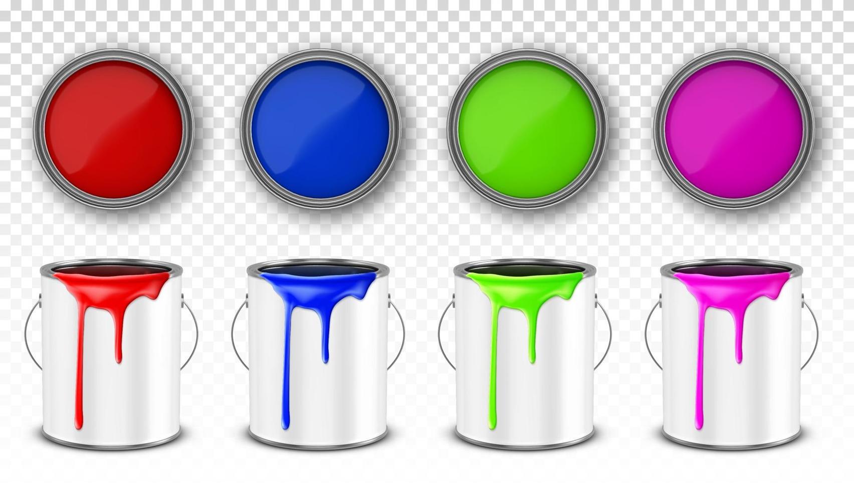 Paint buckets, steel cans with paint drips vector