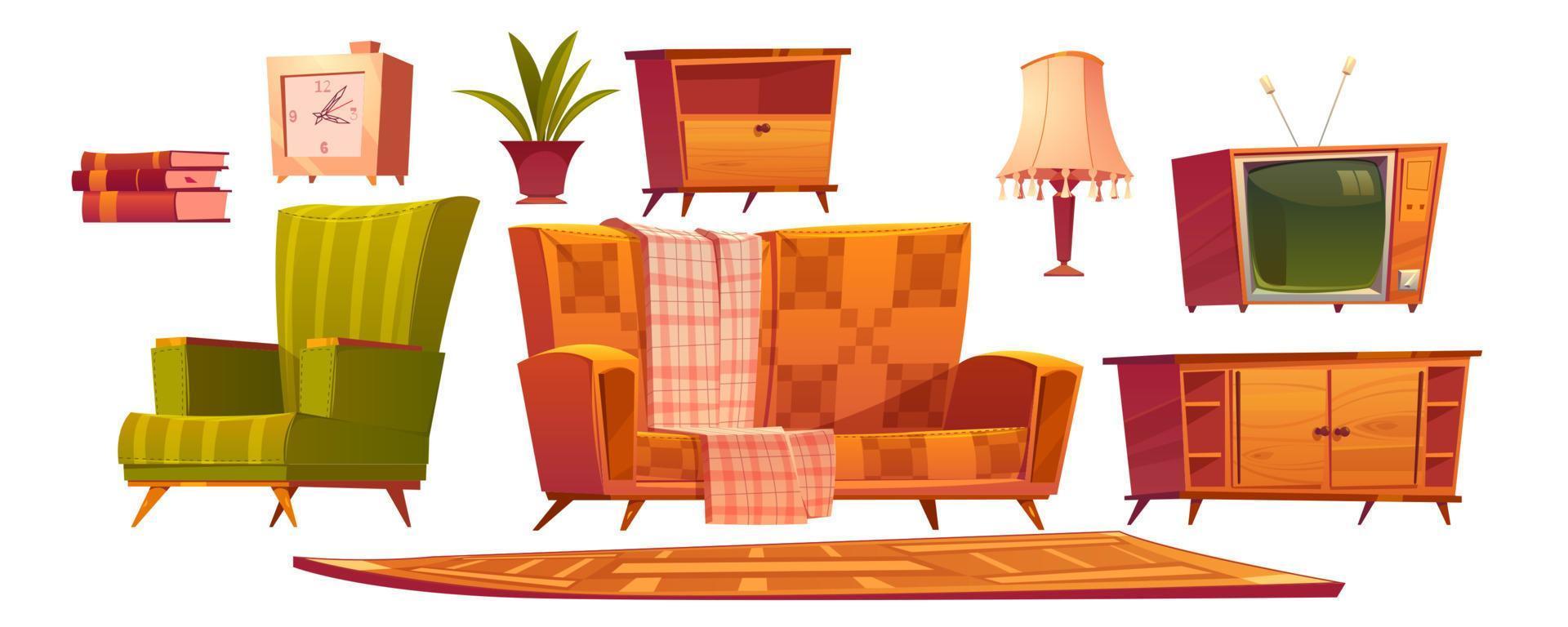 Conjunto de muebles y cosas de salón antiguo retro vector