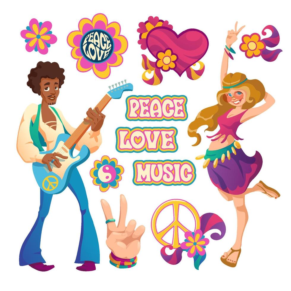 gente hippie, signos de paz, amor y música vector