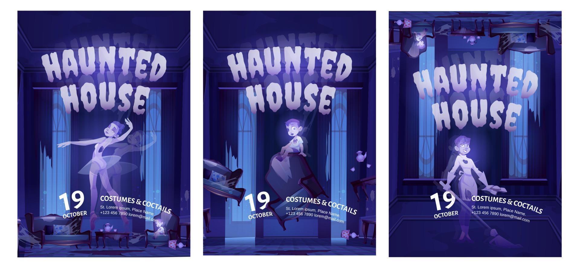volantes de dibujos animados de la casa embrujada, fiesta de halloween vector