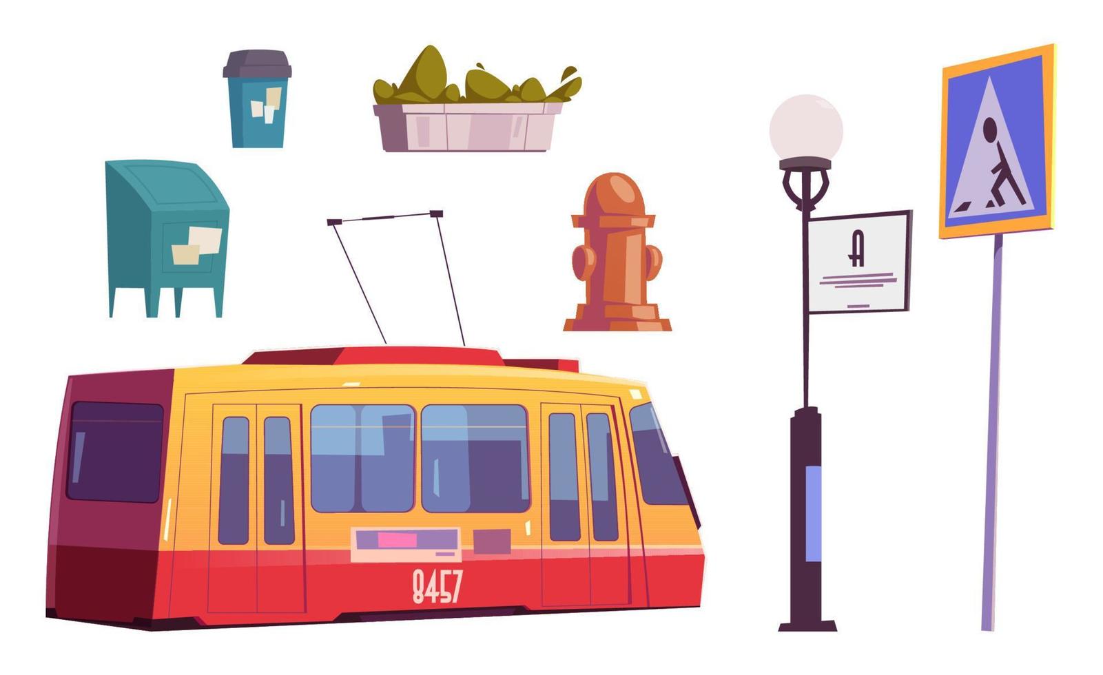 Set of city items tram, water hydrant, litter bin vector