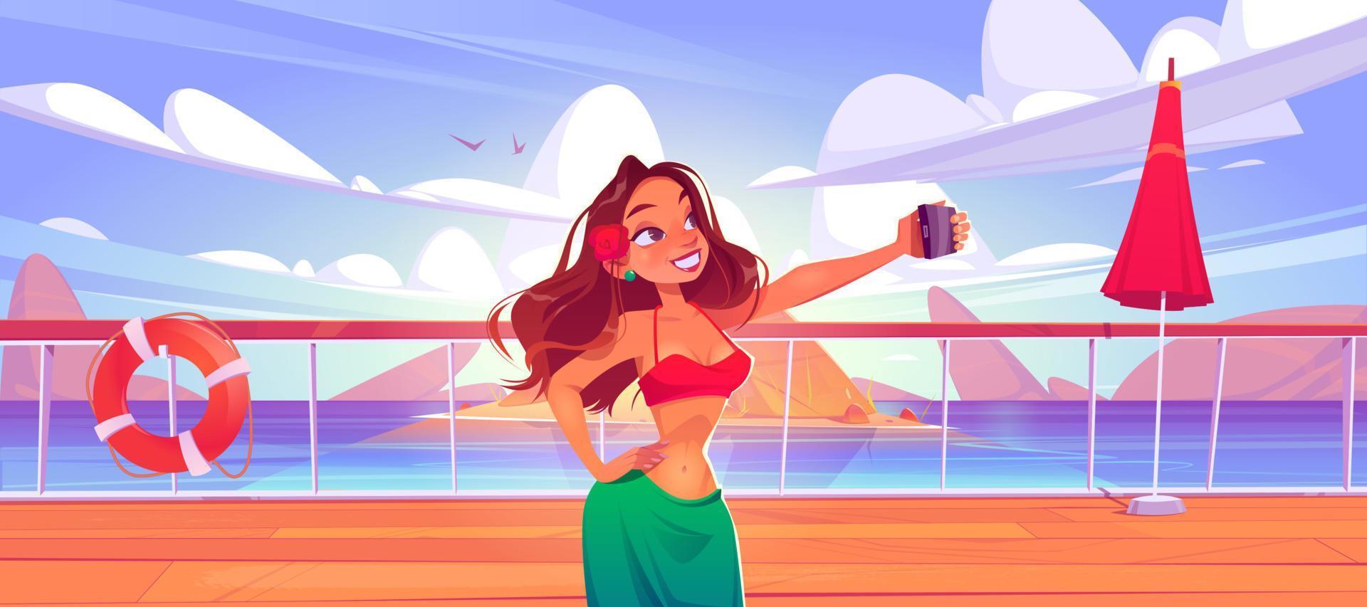 Girl take selfie on phone camera on ship deck vector