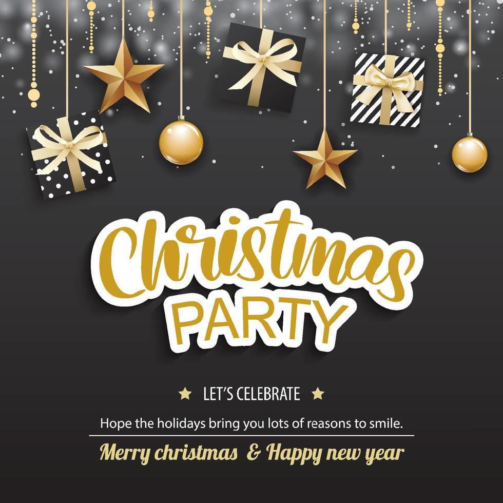 Merry christmas party with glass ball and giftbox for flyer brochure background invitation theme concept. Happy holiday greeting banner and card template. vector