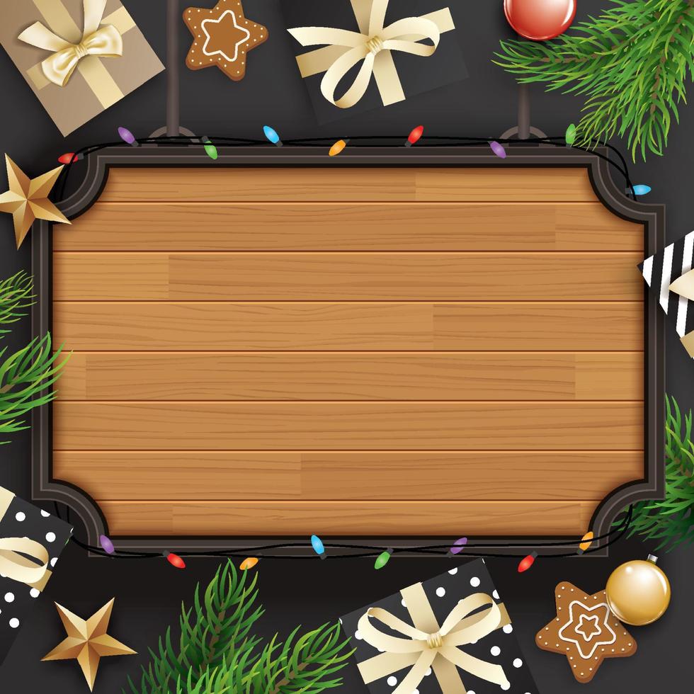 caja de regalo de feliz navidad y fondo de madera con espacio para texto. banner de felicitación de vacaciones felices y plantilla de tarjeta. vector